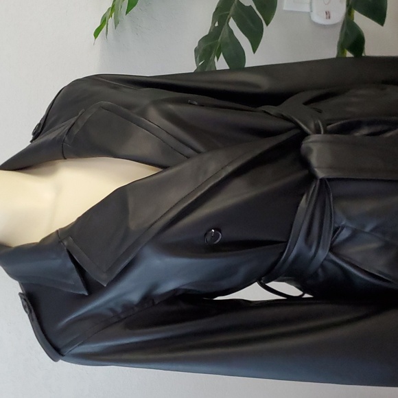 Black Faux Vegan Leather long belted Trench Coat S womens - Picture 4 of 13